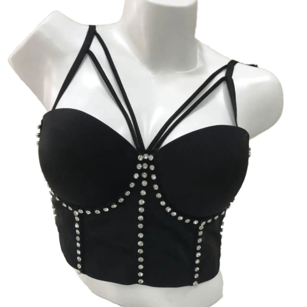 New Custom Women's Cami Tube Top Wholesale Black Rhinestone Spaghetti Strap Bustier with Underwire Push-Up Support OEM/ODM Bra